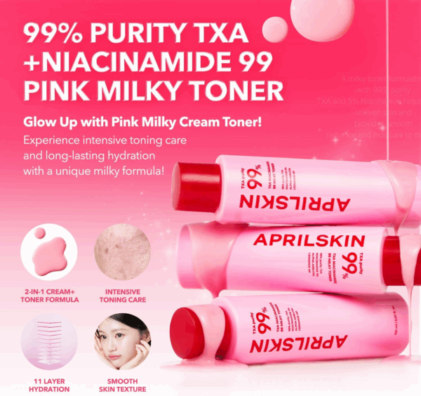 Three Aprilskin pink milky toner bottles stacked with text about 2 in 1 cream toner long lasting hydration intensive toning care and smooth skin texture
