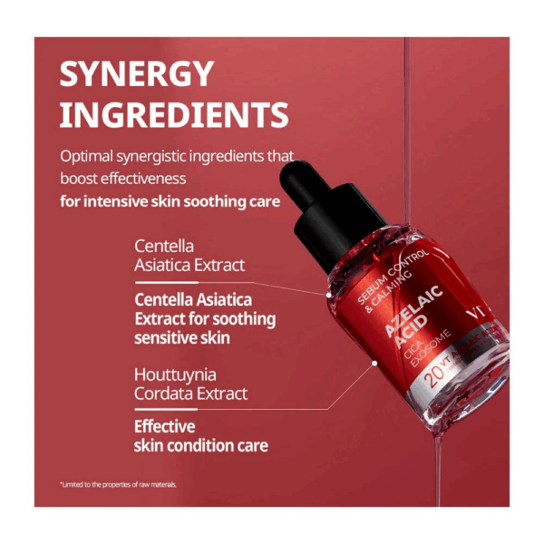 Red VT Azelaic Acid serum bottle with callouts to centella asiatica extract and houttuynia cordata extract for intensive soothing care