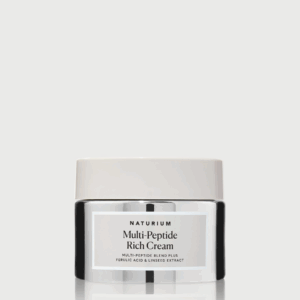 Front facing jar of Naturium Multi Peptide Rich Cream with beige lid and clean label