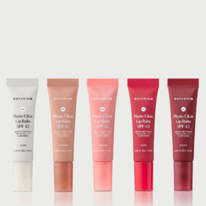 Naturium Phyto-Glow Lip Balm SPF 45 full collection of five shades: Clear, Getaway, Paradise, Oasis, Escape