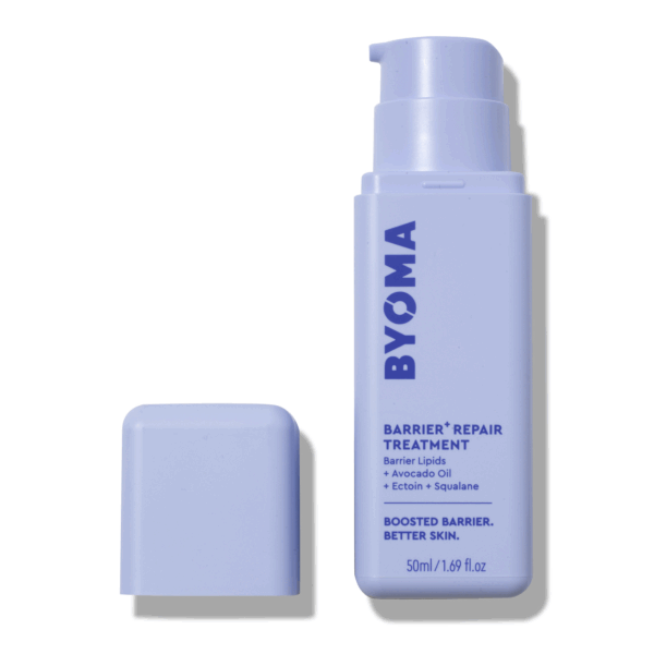 BYOMA Barrier Repair Treatment with cap off showing pump dispenser and text on the bottle