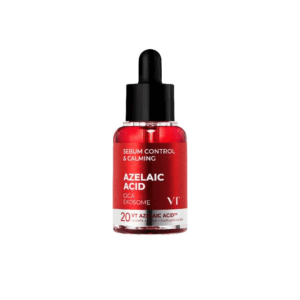 VT Azelaic Acid Cica Exosome serum in a red glass bottle with black dropper on a white background