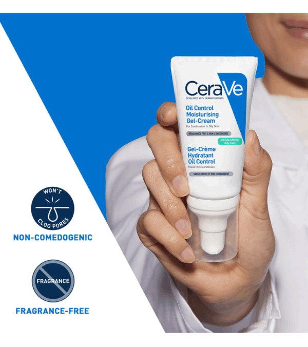 Person holding CeraVe Oil Control Moisturising Gel-Cream with non-comedogenic and fragrance-free labels
