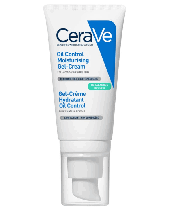 Person holding CeraVe Oil Control Moisturising Gel-Cream with non-comedogenic and fragrance-free labels