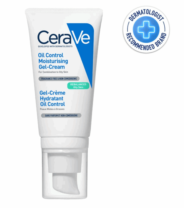 CeraVe Oil Control Moisturising Gel-Cream shown with dermatologist-recommended badge