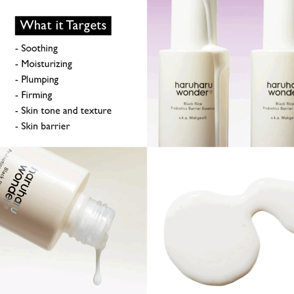 Infographic listing targets soothing moisturizing plumping firming tone and texture and barrier with closeups of the milky essence