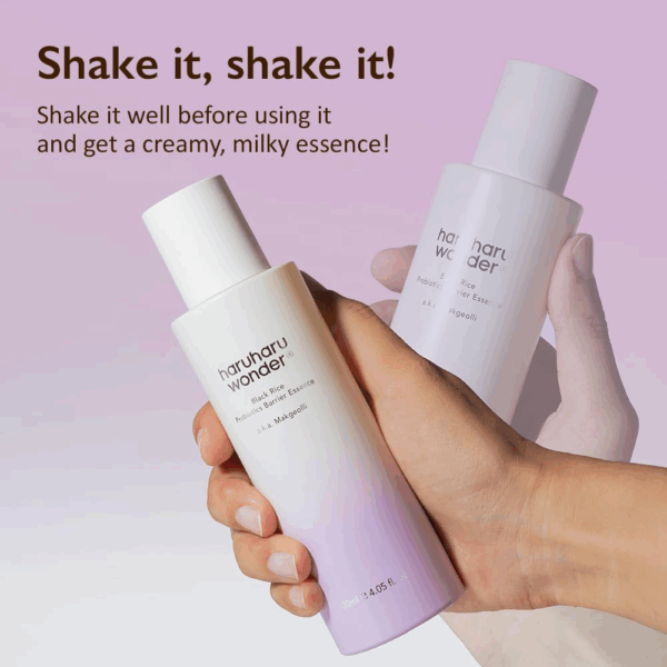 Hand holding the essence bottle with text that says shake it to mix the creamy formula