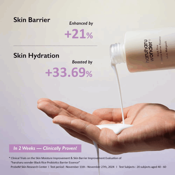 Essence pouring into a palm with text showing barrier improved by 21 percent and hydration boosted by 33.69 percent in two weeks