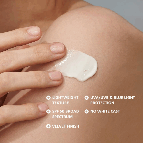 Closeup model with sunscreen dab and text listing dewy non greasy finish hydration glow moisturizing and protection