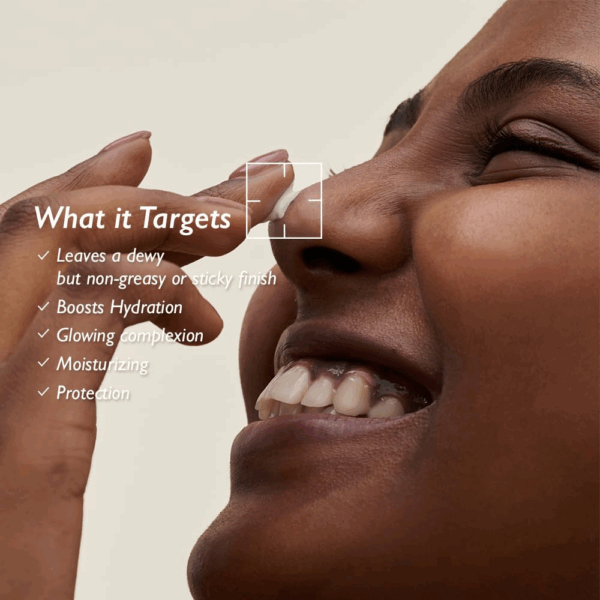 Closeup model with sunscreen dab and text listing dewy non greasy finish hydration glow moisturizing and protection