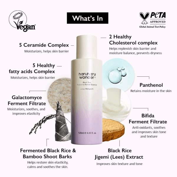 Ingredient overview with vegan and PETA approved icons showing ceramides fatty acids cholesterol galactomyces bifida panthenol and fermented black rice with bamboo