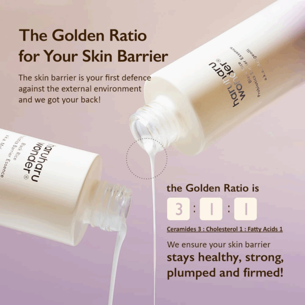 Two bottles pouring essence with text about the golden ratio 3 1 1 of ceramides cholesterol and fatty acids for barrier care