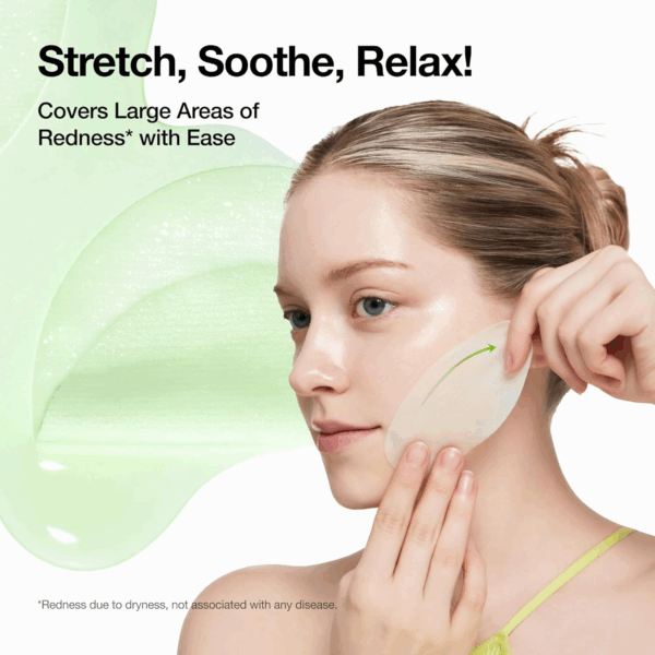 Model holding a stretched pad to the cheek with caption stretch soothe relax and covers large areas of redness.