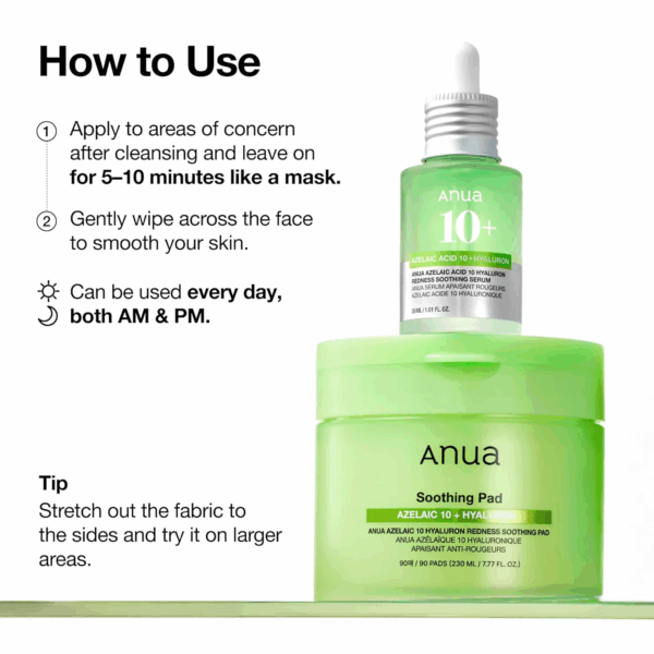 Instructions showing 5 to 10 minute mask step, gentle wipe step and daily AM and PM use beside the jar and serum.