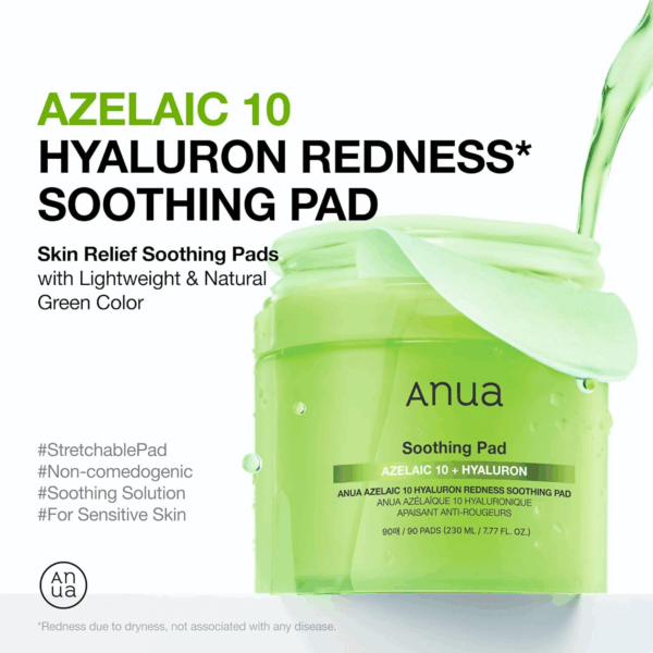 Open green jar with a pad draped over the rim and bold text Azelaic 10 Hyaluron Redness Soothing Pad with notes lightweight natural green color and non comedogenic.