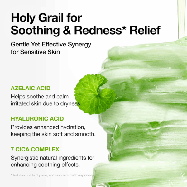 Text listing azelaic acid for soothing, hyaluronic acid for hydration and 7 cica complex for enhanced calming next to a green gel texture.