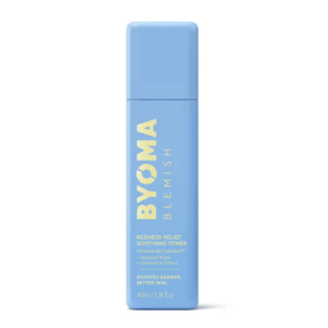 Light blue Byoma Blemish Redness Relief Soothing Toner bottle on a white background.