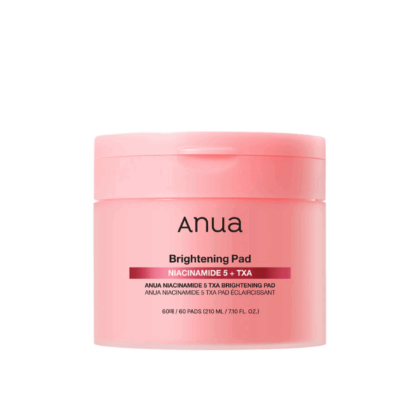 Pink Anua Brightening Pad jar labeled Niacinamide 5 plus TXA on a white background.