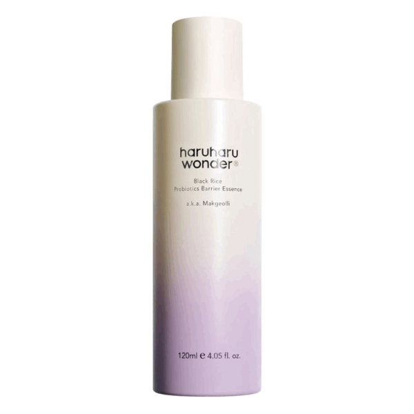 Haruharu Wonder Black Rice Probiotics Barrier Essence 120 ml bottle on a white to lilac gradient background