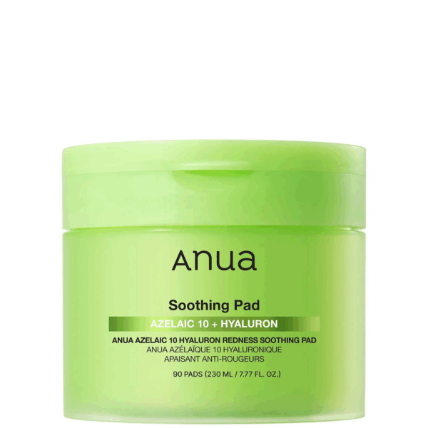 Neon green Anua Soothing Pad jar labeled Azelaic 10 plus Hyaluron on a white background.