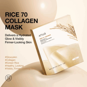Anua Rice 70 Glow Collagen Mask packaging with rice extract visuals.