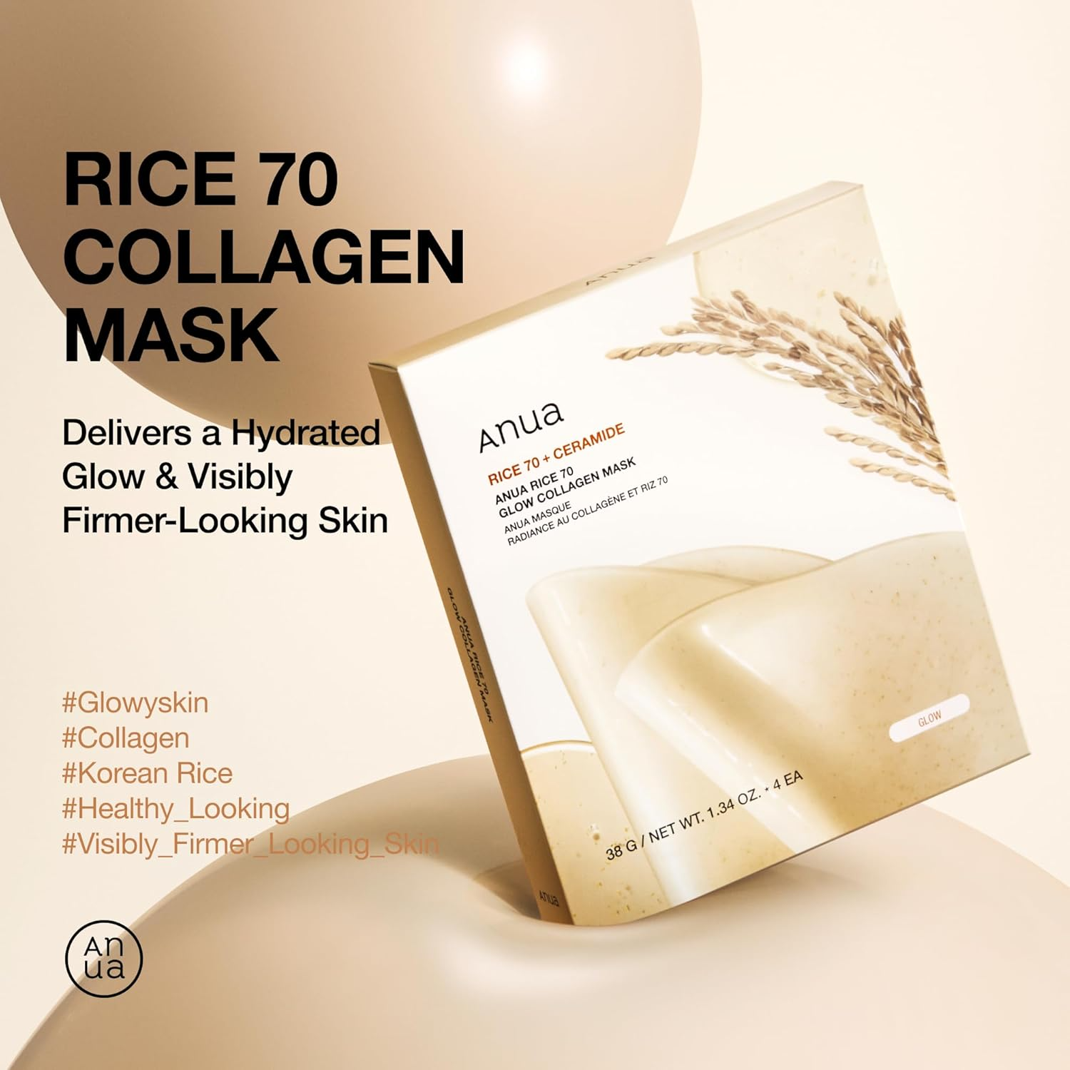 Anua Rice 70 Glow Collagen Mask packaging with rice extract visuals.
