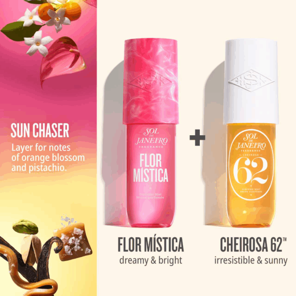 Sol de Janeiro Flor Mistica bottle beside Cheirosa 62 showing a layering combo with notes of orange blossom and pistachio.