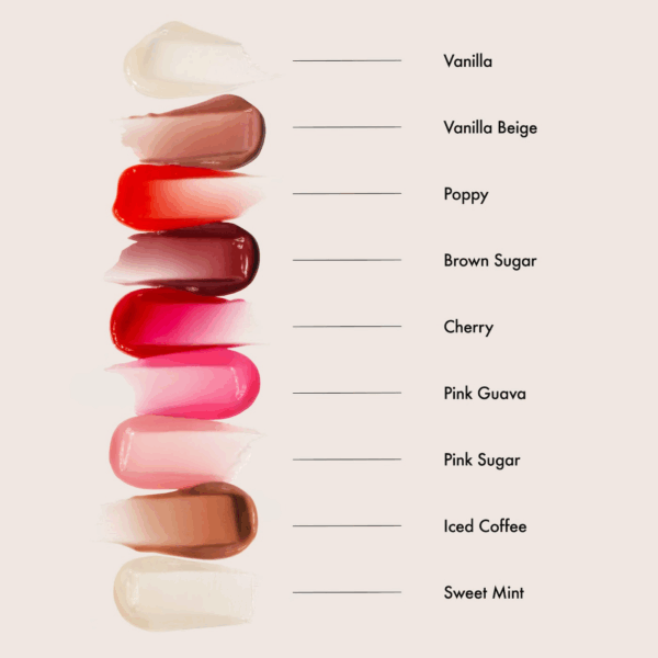 Summer Fridays Lip Butter Balm shade swatches labeled Vanilla, Vanilla Beige, Poppy, Brown Sugar, Cherry, Pink Guava, Pink Sugar, Iced Coffee and Sweet Mint on a cream background.