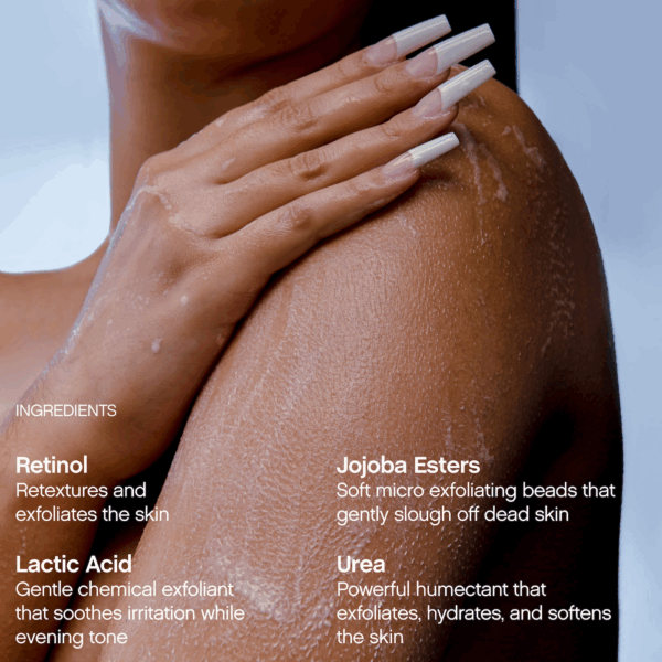 Sudsy shoulder close up with labels for retinol lactic acid urea and jojoba esters.