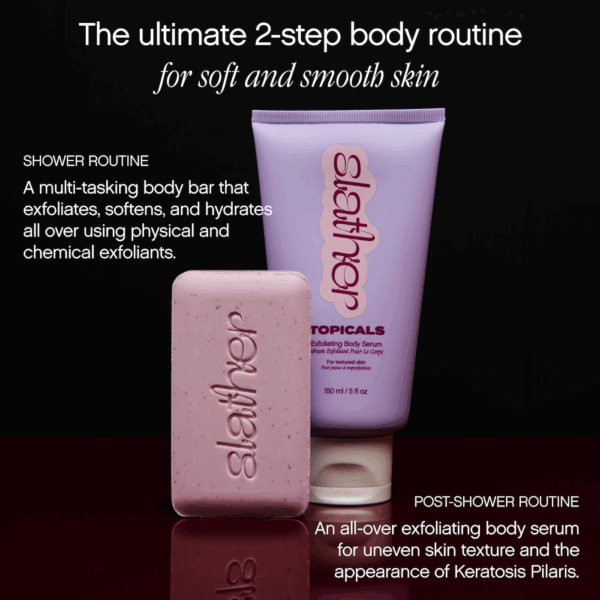 Slather body bar beside Slather Exfoliating Body Serum with headline The ultimate two step body routine.