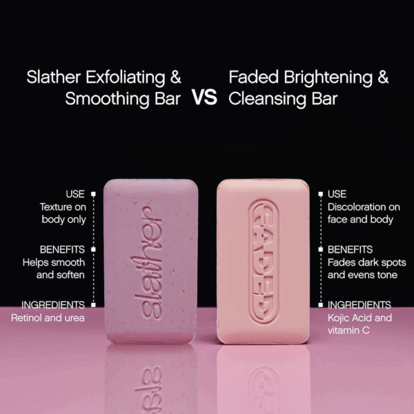 Topicals Slather Exfoliating and Smoothing Body Bar versus Faded Brightening and Cleansing Bar comparison on pink backdrop.