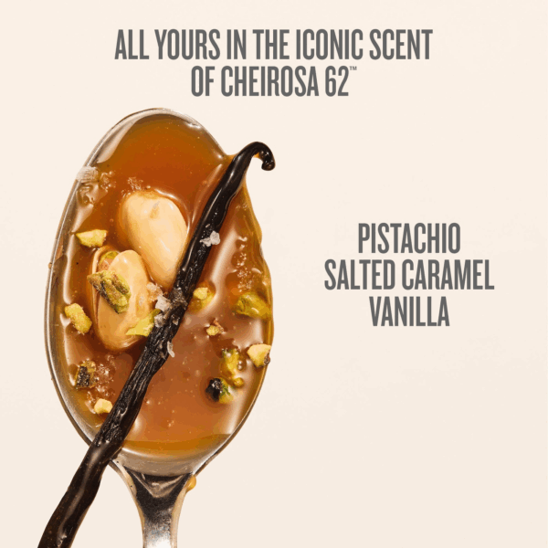 Spoon of pistachio salted caramel with a vanilla bean to show Cheirosa 62 scent notes