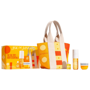 The Sol Tote and Body Essentials Set with gift box mini canvas tote perfume mist body oil and cream