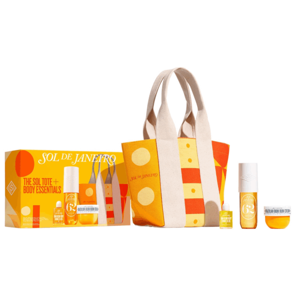 The Sol Tote and Body Essentials Set with gift box mini canvas tote perfume mist body oil and cream