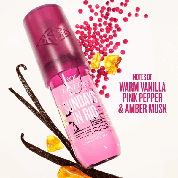 Sundays in Rio bottle styled with vanilla beans, pink peppercorns, and amber resin to highlight key notes.