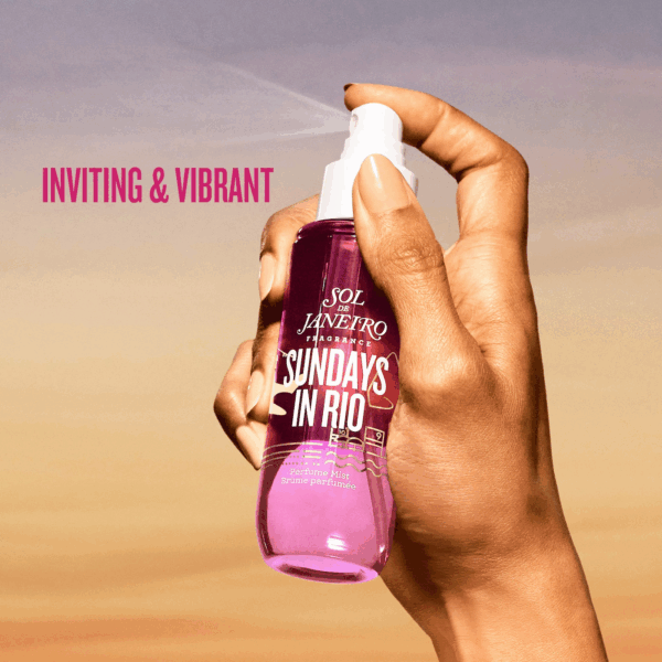 Close-up hand spraying Sundays in Rio against a sunset sky with the words “Inviting & Vibrant.”
