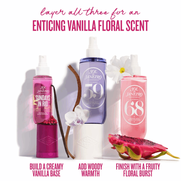 Three Sol de Janeiro mists—Sundays in Rio, Cheirosa 59, and Cheirosa 68—arranged with vanilla, orchid, and dragon fruit; text reads “Layer all three for an enticing vanilla floral scent.”