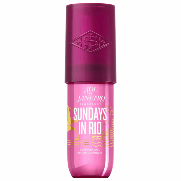 Standalone product shot of Sol de Janeiro Sundays in Rio Perfume Mist with magenta cap on a white background.