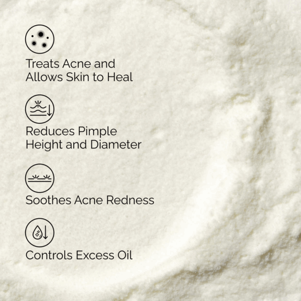 Benefits icons reading treats acne, reduces pimple height and diameter, soothes acne redness and controls excess oil.