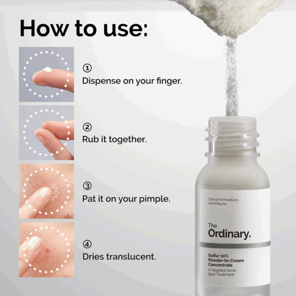 How to use steps showing powder on finger, rub to cream, pat on pimple and dries translucent.
