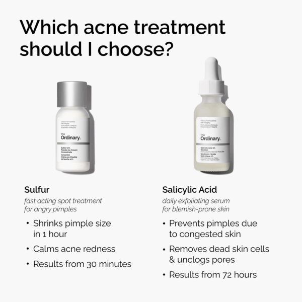 Comparison graphic of sulfur spot treatment and salicylic acid serum with benefits and usage guidance.