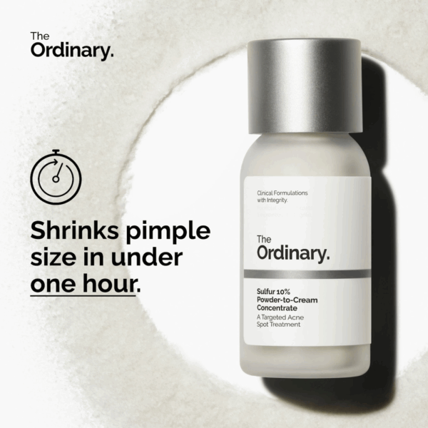 Bottle of The Ordinary Sulfur 10% Powder to Cream Concentrate with claim shrinks pimple size in under one hour.