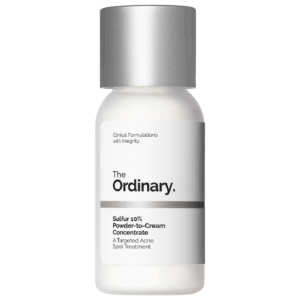 Clean product packshot of The Ordinary Sulfur 10% Powder to Cream Concentrate bottle on white background