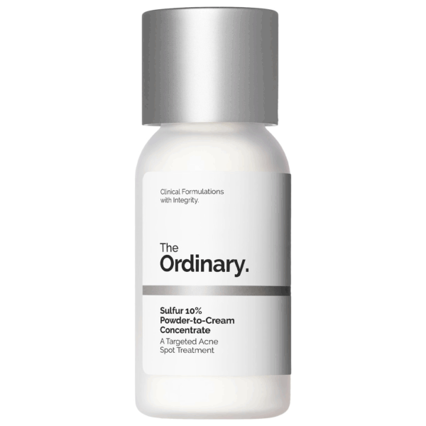Clean product packshot of The Ordinary Sulfur 10% Powder to Cream Concentrate bottle on white background