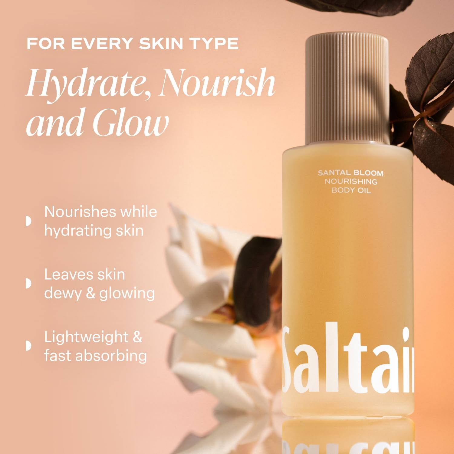 Saltair Santal Bloom Nourishing Body Oil pump close-up with benefits listing nourishing oils and skin soothing extracts.