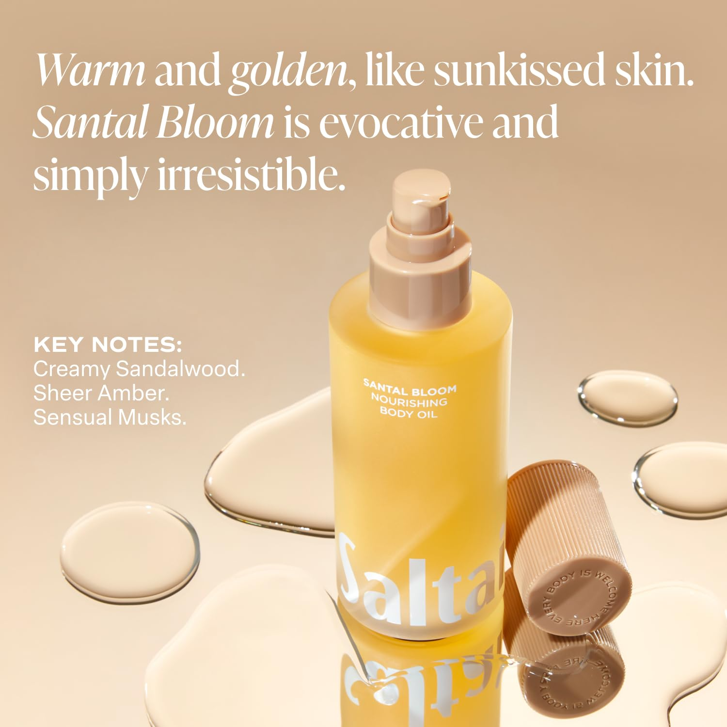 Saltair Santal Bloom Nourishing Body Oil with warm golden background showing key notes of sandalwood, amber, and musks.