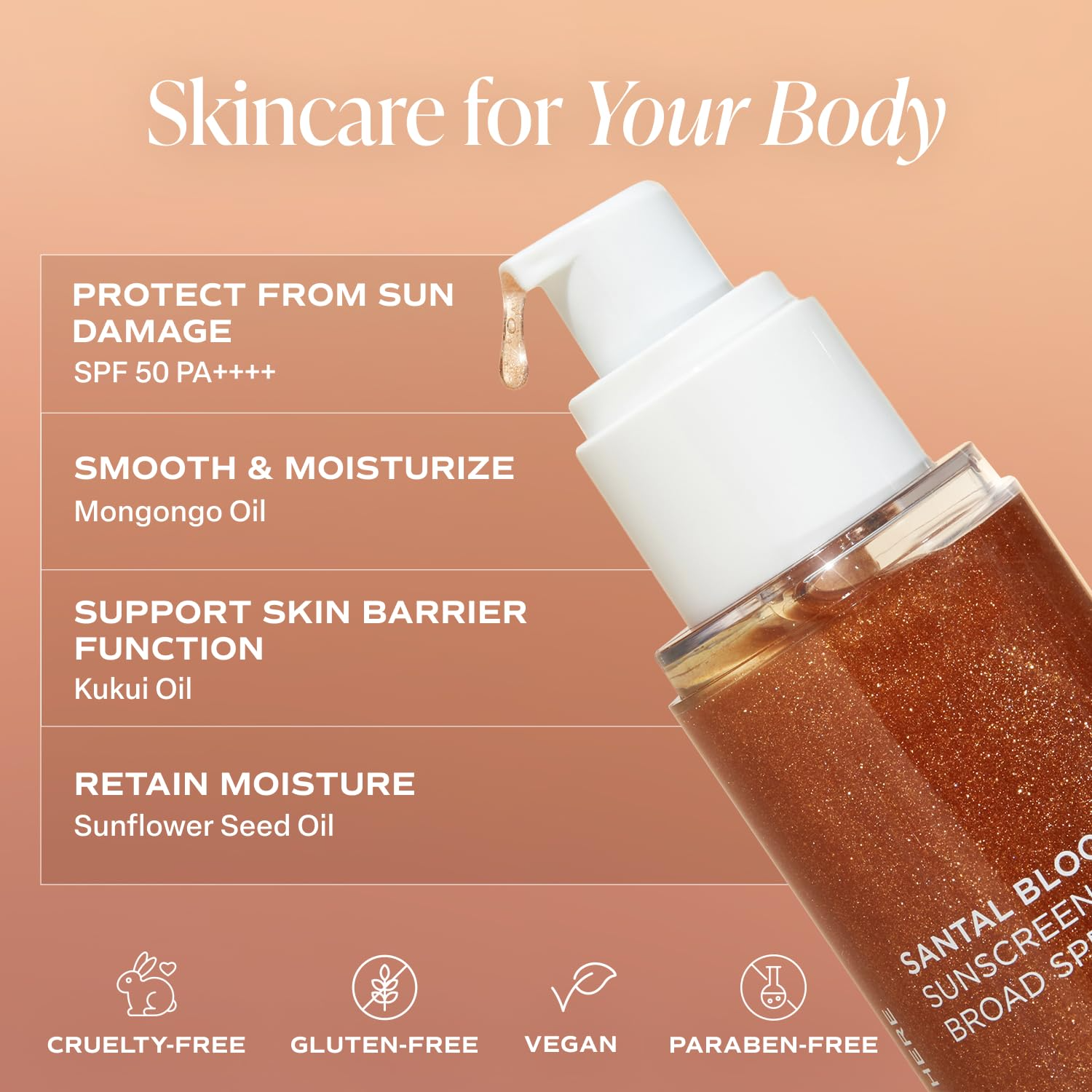 Saltair sunscreen body oil bottle with pump showing key ingredient benefits for body skincare