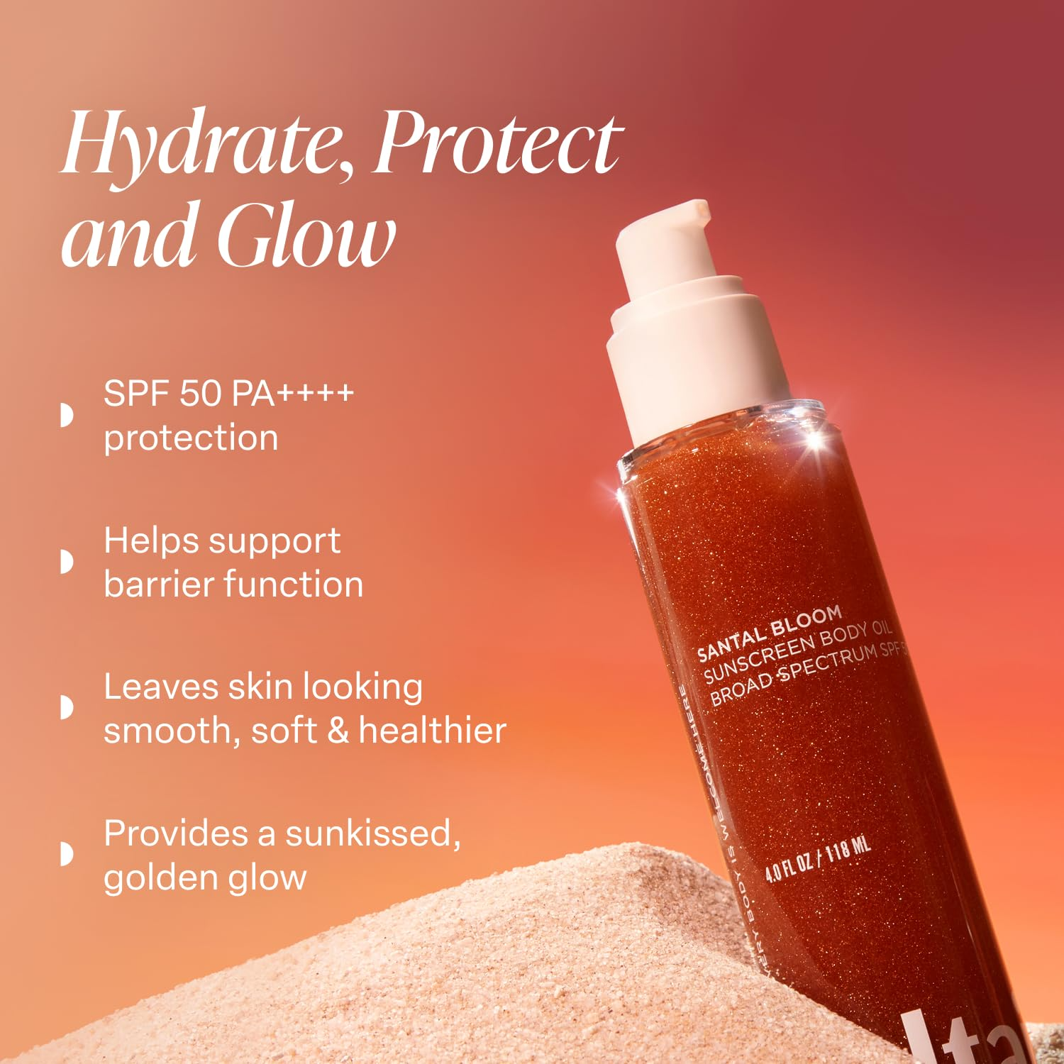 Saltair Santal Bloom sunscreen body oil SPF 50 placed on sand with glow lighting