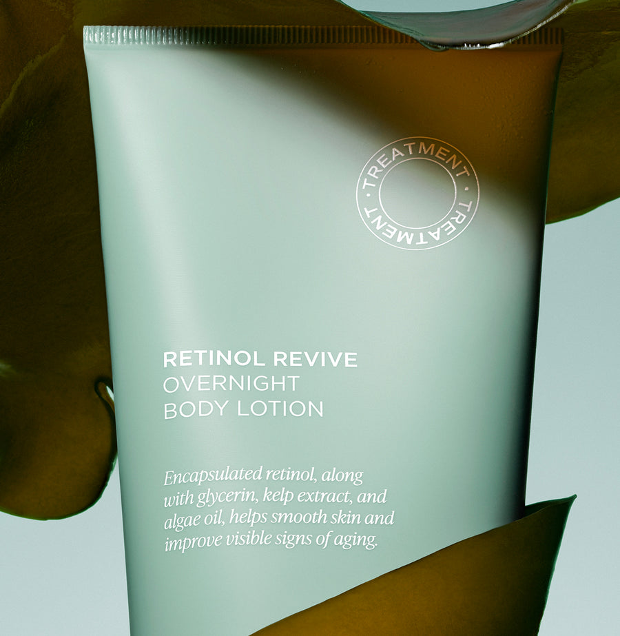 Saltair Retinol Revive Overnight Body Lotion tube against kelp background showing key benefits and treatment label
