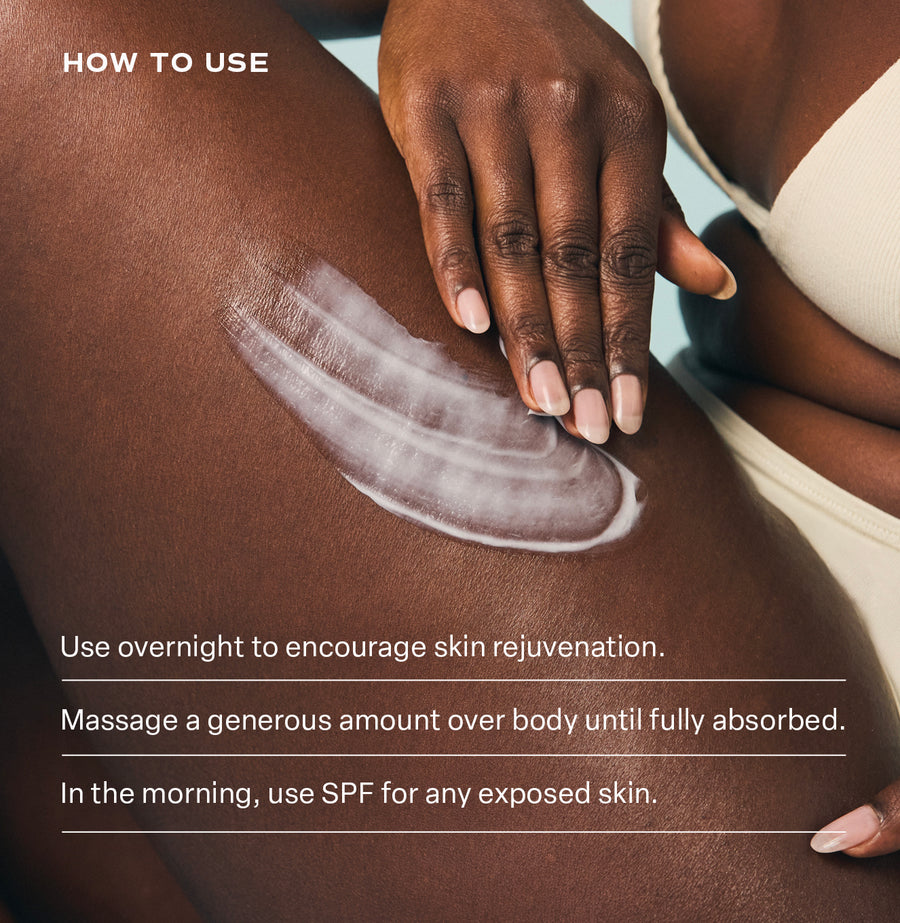 Model applying Saltair Retinol Revive Overnight Body Lotion on the thigh to demonstrate texture and application steps.